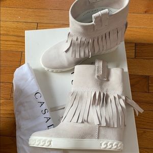 Casadei Suede Fringe Wedge Boots